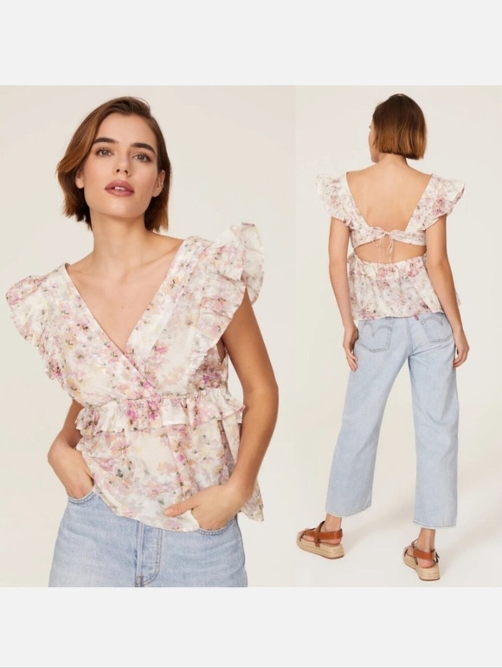 MUNTHE Herb Organic Cotton Silk Floral Open Back Ruffle Top Blouse US 12 Nwt